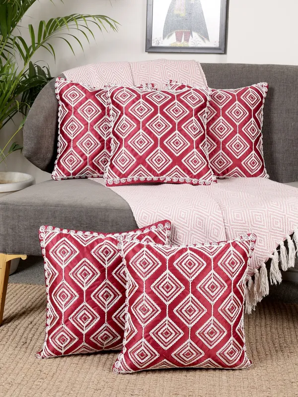 Attractive_Threadwork_Box_Design_Satin_Cushion_Covers,_Pack_of_5_Piece_(16x16_inch.)_Maroon_Color