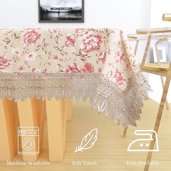 Floral_Printed_Table_Cover_for_6_Seater_Dining_Table_|_Elegant_Design_in_Jute_&_Cotton_Blend_Fabric_with_Lace_Border_|_Washable,_Reusable_Tablecloth_|_60x90_Inches_Pink_Flowers_on_Beige