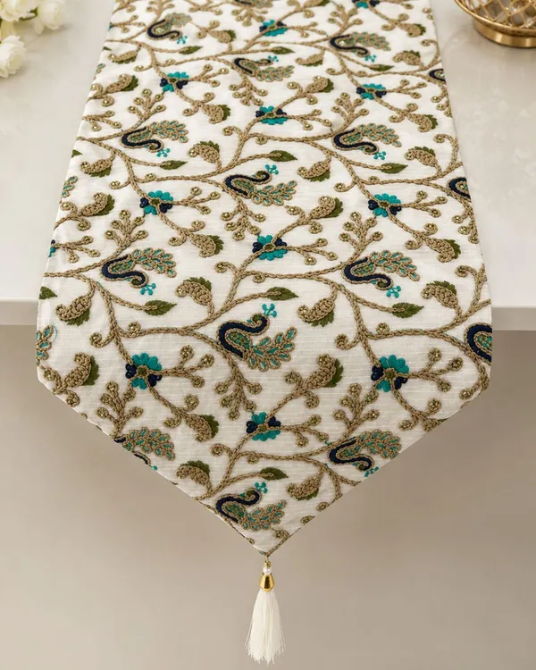 JEWEAVE_Luxury_Embroidered_Peacock_Table_Runner_with_Tassels_-_Elegant_Floral_Vine_&_Leaf_Design_Dresser_Scarf,_Traditional_Festive_Dining_Room_Table_Decor,_Green_Morr_|_13x70_Inch.