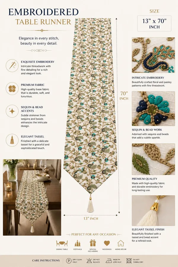 JEWEAVE_Luxury_Embroidered_Peacock_Table_Runner_with_Tassels_-_Elegant_Floral_Vine_&_Leaf_Design_Dresser_Scarf,_Traditional_Festive_Dining_Room_Table_Decor,_Green_Morr_|_13x70_Inch.