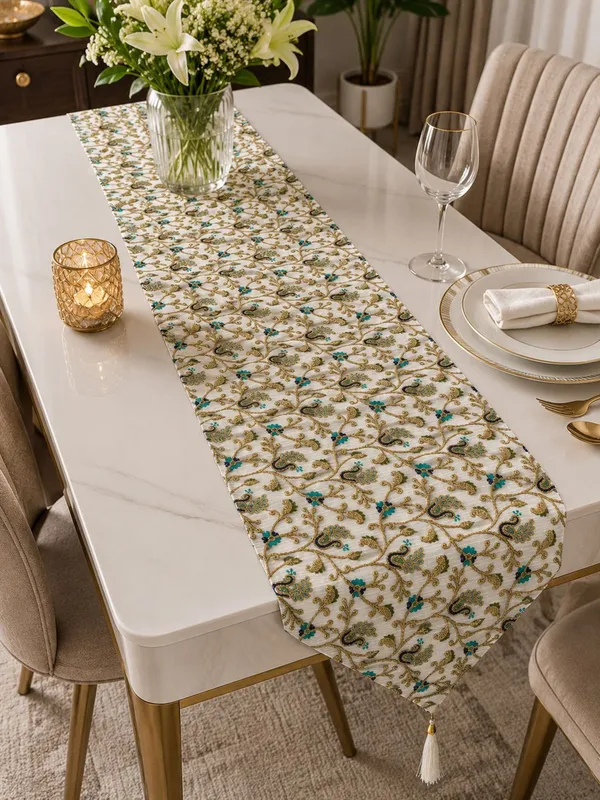 JEWEAVE_Luxury_Embroidered_Peacock_Table_Runner_with_Tassels_-_Elegant_Floral_Vine_&_Leaf_Design_Dresser_Scarf,_Traditional_Festive_Dining_Room_Table_Decor,_Green_Morr_|_13x70_Inch.