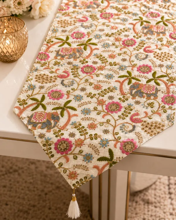 JEWEAVE_Indian_Elephant_Embroidered_Table_Runner_with_Tassel,_Colorful_Floral_&_Palm_Tree_Pattern_Dresser_Scarf,_Boho_Chic_Holiday_Table_Decor_for_Dining_Room_Parties,_Hathi_Emb._|_13x70_Inch.