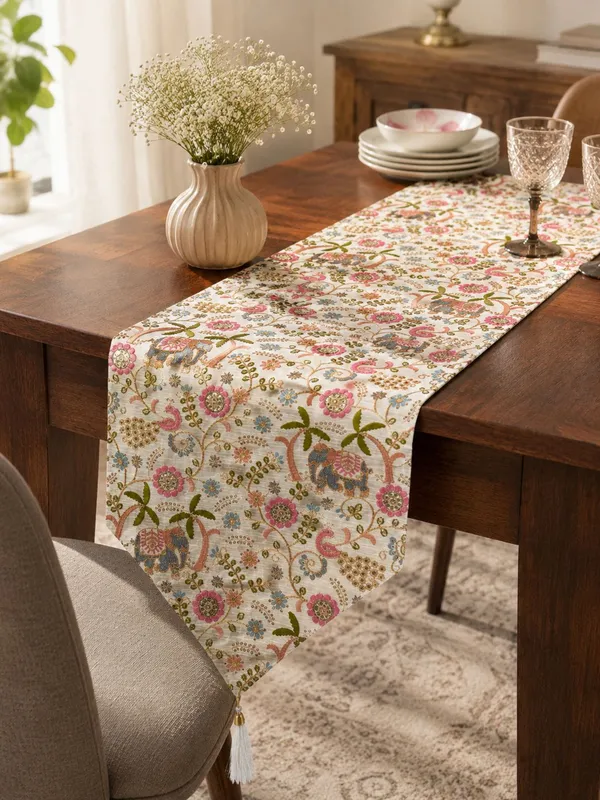 JEWEAVE_Indian_Elephant_Embroidered_Table_Runner_with_Tassel,_Colorful_Floral_&_Palm_Tree_Pattern_Dresser_Scarf,_Boho_Chic_Holiday_Table_Decor_for_Dining_Room_Parties,_Hathi_Emb._|_13x70_Inch.