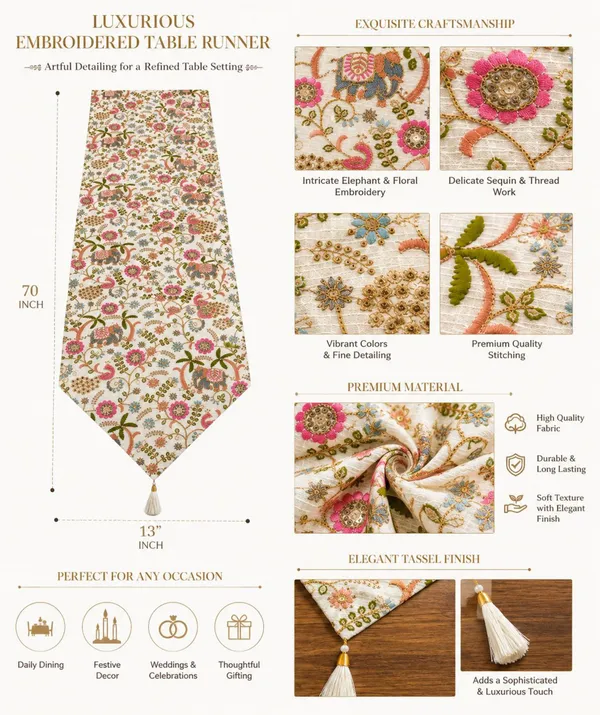 JEWEAVE_Indian_Elephant_Embroidered_Table_Runner_with_Tassel,_Colorful_Floral_&_Palm_Tree_Pattern_Dresser_Scarf,_Boho_Chic_Holiday_Table_Decor_for_Dining_Room_Parties,_Hathi_Emb._|_13x70_Inch.