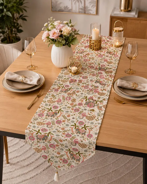 JEWEAVE_Indian_Elephant_Embroidered_Table_Runner_with_Tassel,_Colorful_Floral_&_Palm_Tree_Pattern_Dresser_Scarf,_Boho_Chic_Holiday_Table_Decor_for_Dining_Room_Parties,_Hathi_Emb._|_13x70_Inch.