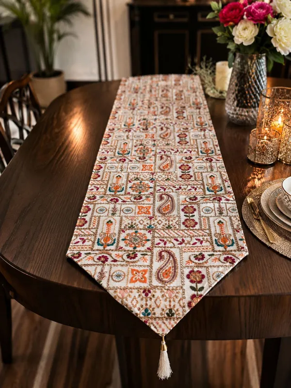 JEWEAVE_Rajasthani_Embroidered_Table_Runner_with_Tassel,_Traditional_Paisley_&_Floral_Motif_Grid_Dresser_Scarf,_Vibrant_Festive_Table_Decor_for_Dining_Room,_Rajasthani_Emb._ORG_|_13x70_Inch.