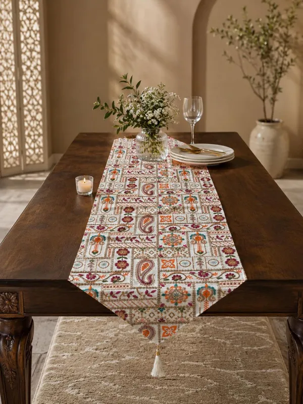 JEWEAVE_Rajasthani_Embroidered_Table_Runner_with_Tassel,_Traditional_Paisley_&_Floral_Motif_Grid_Dresser_Scarf,_Vibrant_Festive_Table_Decor_for_Dining_Room,_Rajasthani_Emb._ORG_|_13x70_Inch.