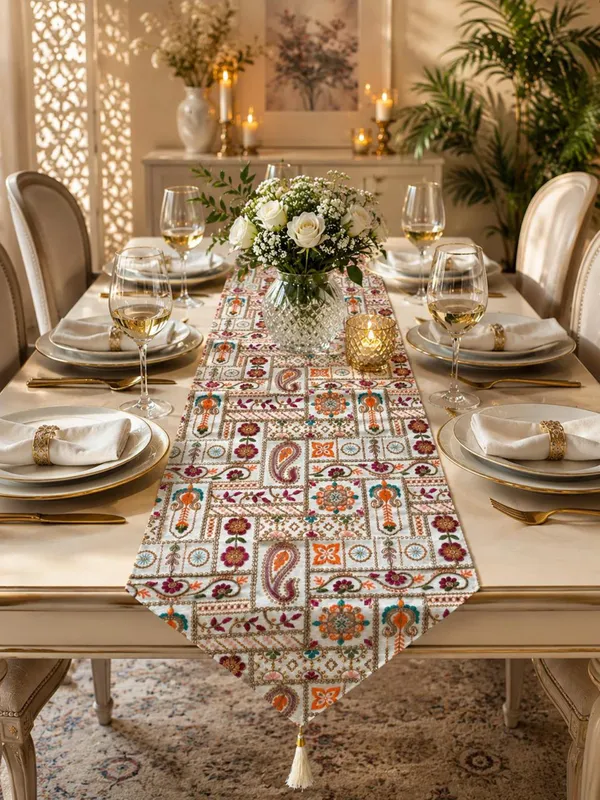 JEWEAVE_Rajasthani_Embroidered_Table_Runner_with_Tassel,_Traditional_Paisley_&_Floral_Motif_Grid_Dresser_Scarf,_Vibrant_Festive_Table_Decor_for_Dining_Room,_Rajasthani_Emb._ORG_|_13x70_Inch.