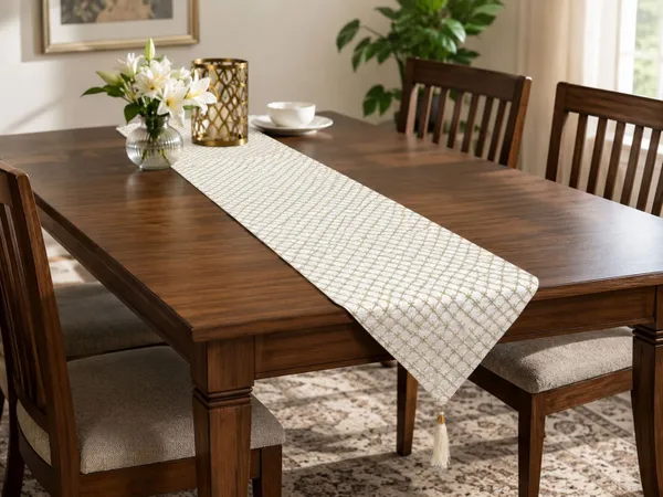 JEWEAVE_Modern_Minimalist_Embroidered_Geometric_Table_Runner_with_Tassel,_Elegant_Gold_Star_Diamond_Lattice_Dresser_Scarf,_Contemporary_Chic_Dining_Room_Table_Decor,_TessalCheck-Off_White_|_13x70_Inch