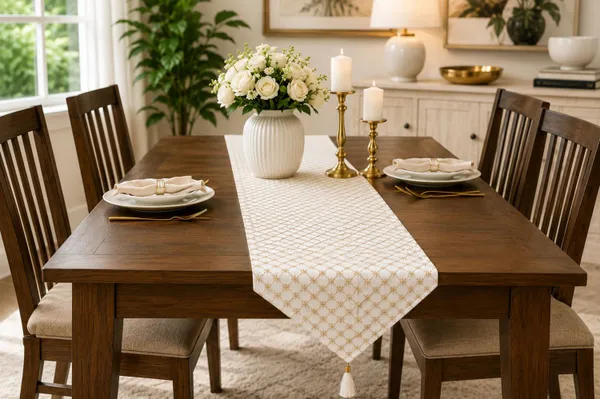 JEWEAVE_Modern_Minimalist_Embroidered_Geometric_Table_Runner_with_Tassel,_Elegant_Gold_Star_Diamond_Lattice_Dresser_Scarf,_Contemporary_Chic_Dining_Room_Table_Decor,_TessalCheck-Off_White_|_13x70_Inch