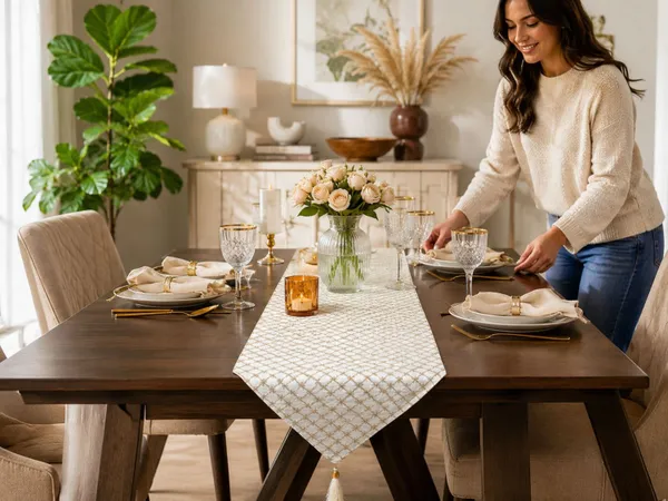 JEWEAVE_Modern_Minimalist_Embroidered_Geometric_Table_Runner_with_Tassel,_Elegant_Gold_Star_Diamond_Lattice_Dresser_Scarf,_Contemporary_Chic_Dining_Room_Table_Decor,_TessalCheck-Off_White_|_13x70_Inch