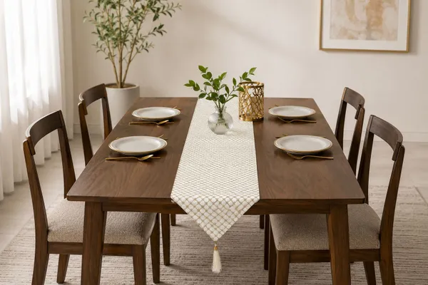 JEWEAVE_Modern_Minimalist_Embroidered_Geometric_Table_Runner_with_Tassel,_Elegant_Gold_Star_Diamond_Lattice_Dresser_Scarf,_Contemporary_Chic_Dining_Room_Table_Decor,_TessalCheck-Off_White_|_13x70_Inch