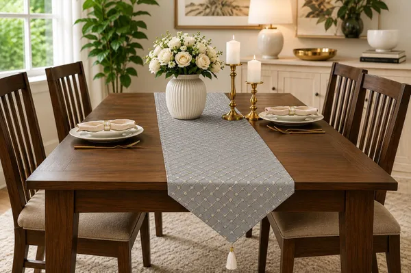 JEWEAVE_Modern_Minimalist_Embroidered_Geometric_Table_Runner_with_Tassel,_Elegant_Gold_Star_Diamond_Lattice_Dresser_Scarf,_Contemporary_Chic_Dining_Room_Table_Decor,_TessalCheck-Grey_|_13x70_Inch.