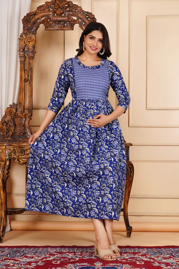 Blue_Printed_Flower_Maternity_Kurta_|_Pure_Cotton_Rayon_Feeding/Maternity_Kurta_For_Her