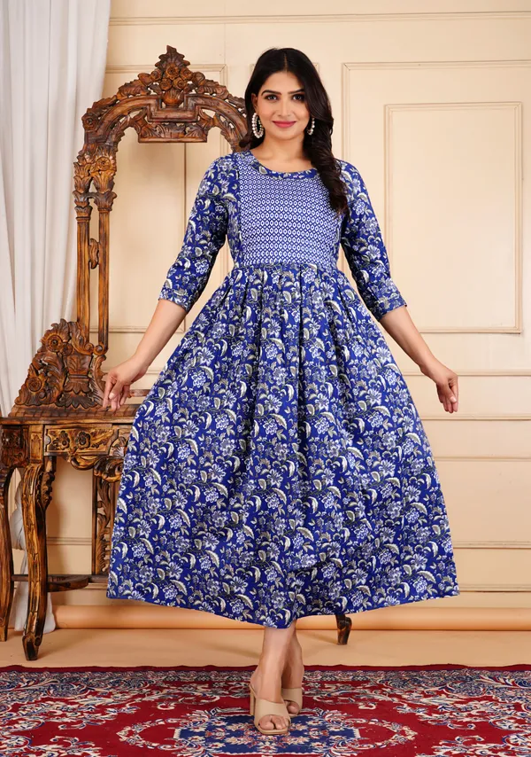 Blue_Printed_Flower_Maternity_Kurta_|_Pure_Cotton_Rayon_Feeding/Maternity_Kurta_For_Her