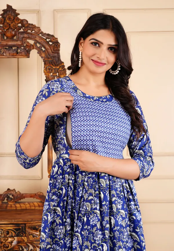 Blue_Printed_Flower_Maternity_Kurta_|_Pure_Cotton_Rayon_Feeding/Maternity_Kurta_For_Her