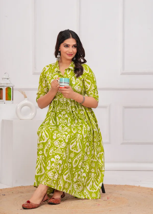 Green_Printed_Collar_Maternity_Kurta_|_Pure_Cotton_Rayon_Feeding/Maternity_Kurta_For_Her