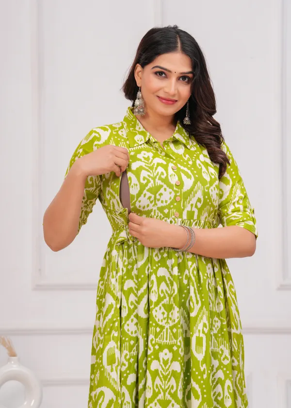 Green_Printed_Collar_Maternity_Kurta_|_Pure_Cotton_Rayon_Feeding/Maternity_Kurta_For_Her