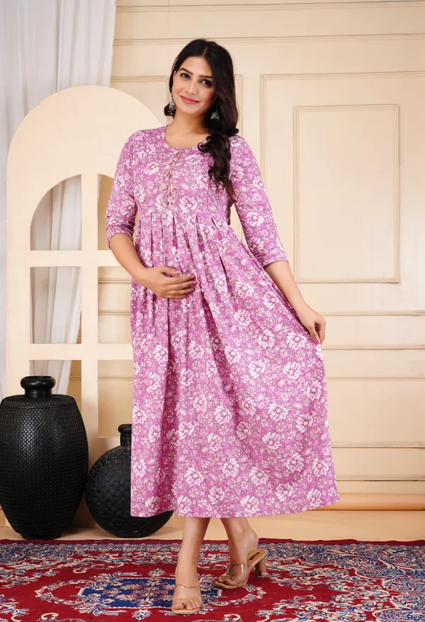 Mystic_Maroon_Printed_Flower_Maternity_Kurta_|_Pure_Cotton_Rayon_Feeding/Maternity_Kurta_For_Her