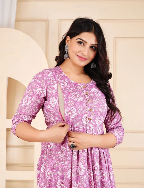 Mystic_Maroon_Printed_Flower_Maternity_Kurta_|_Pure_Cotton_Rayon_Feeding/Maternity_Kurta_For_Her