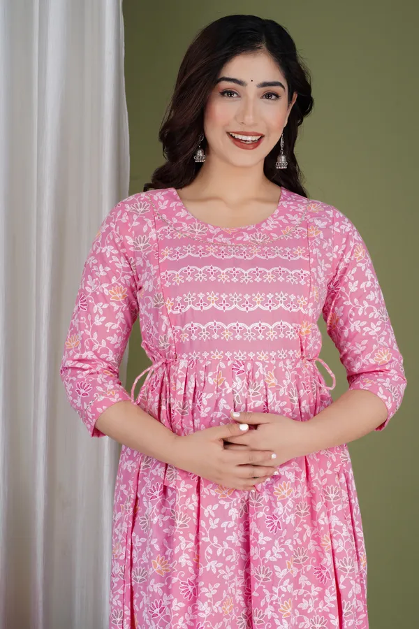 Pink_Floral_Maternity_Round_Neck_Anarkali_Kurta_|_Pure_Cotton_Feeding/Maternity_Kurta_For_Her_By_Vaani_Fashions