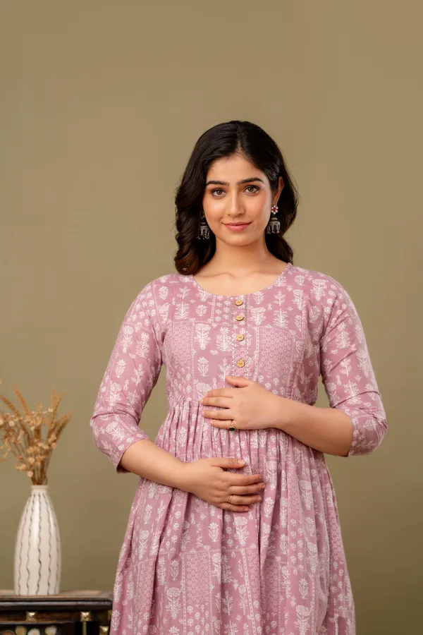 Pink_Printed_Flower_Maternity_Kurta_|_Pure_Cotton_Feeding/Maternity_Kurta_For_Her_By_Vaani_Fashions