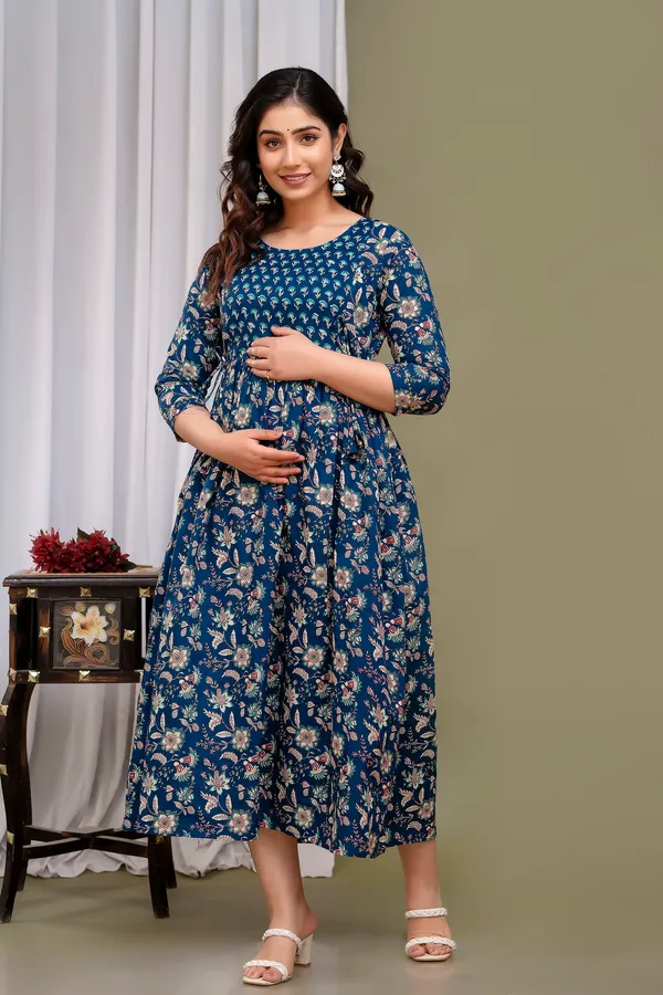Blue_Printed_Flower_Booty_Maternity_Kurta_|_Pure_Cotton_Feeding/Maternity_Kurta_For_Her_By_Vaani_Fashions