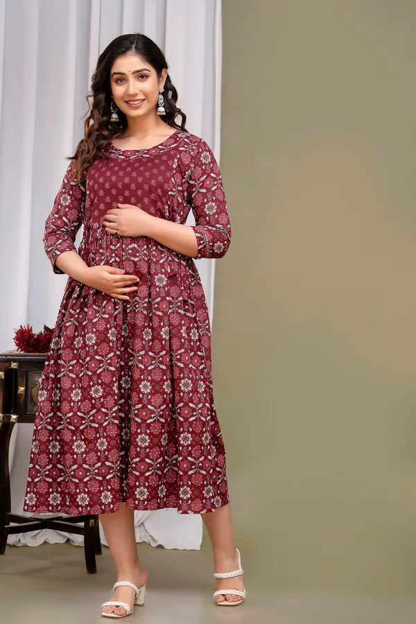 Burnt_maroon_Printed_Flower_Maternity_Kurta_|_Pure_Cotton_Feeding/Maternity_Kurta_For_Her_By_Vaani_Fashions