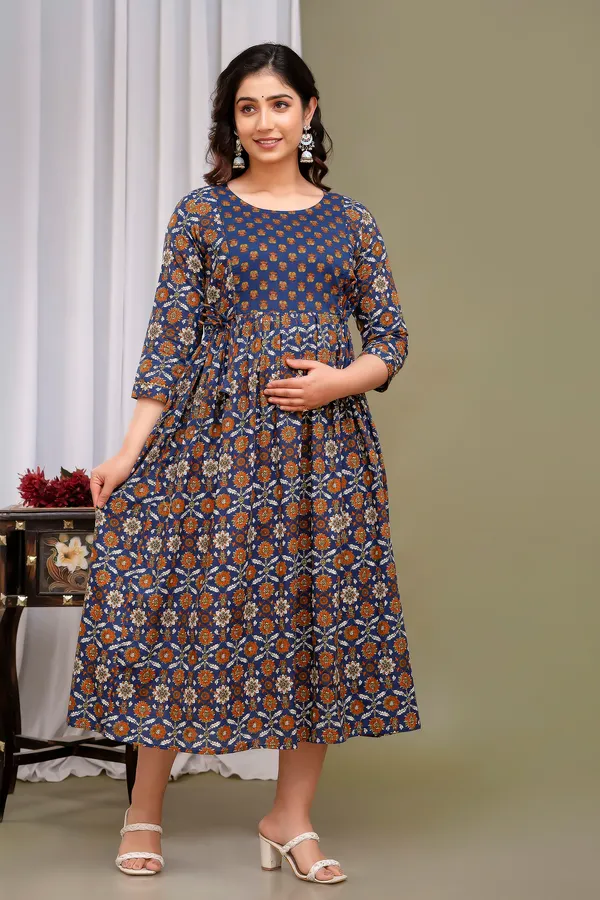 Blue_Printed_Flower_Maternity_Kurta_|_Pure_Cotton_Feeding/Maternity_Kurta_For_Her_By_Vaani_Fashions