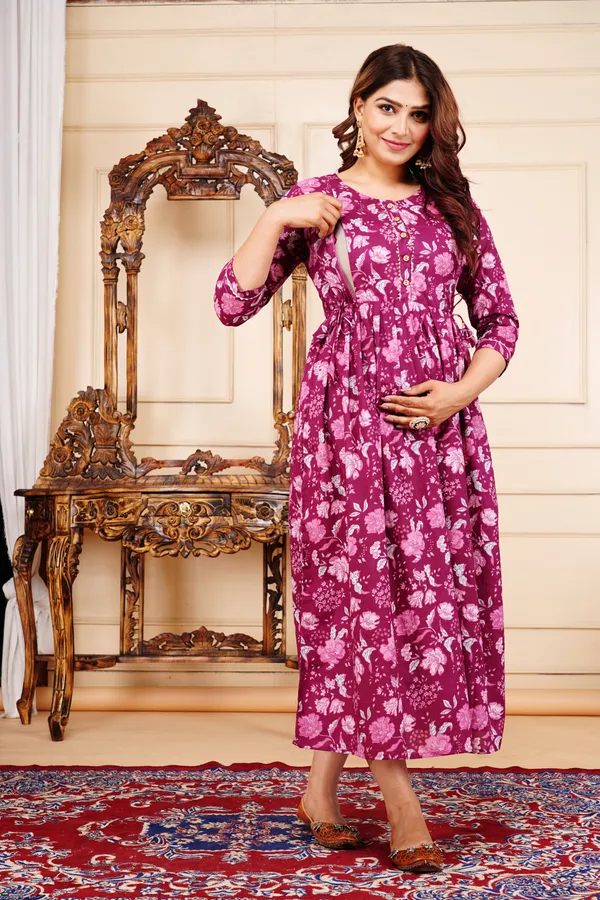 Maroon_Floral_Printed_Pure_Cotton_Anarkali_Maternity_Kurta