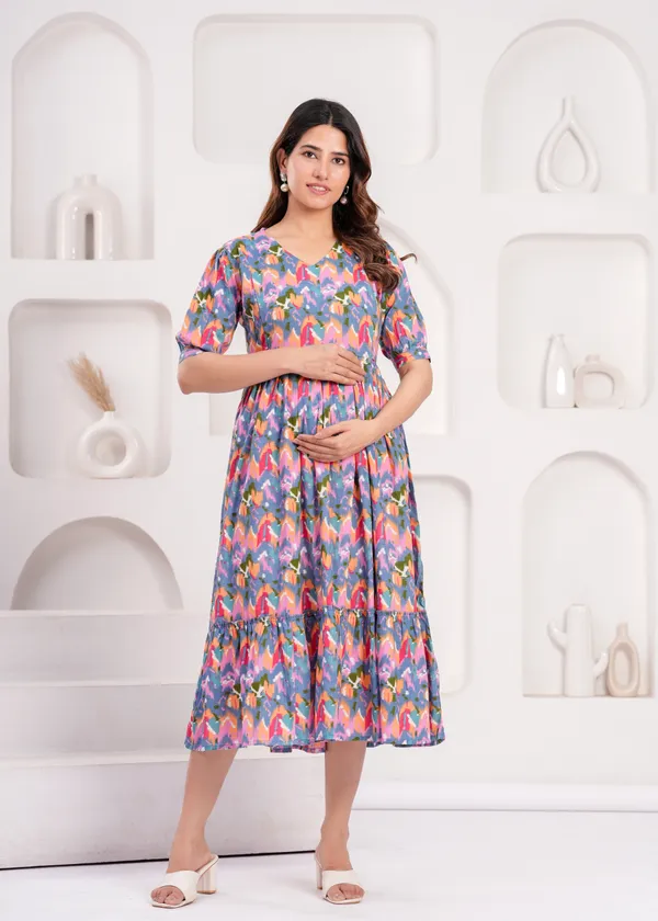 Multicolor_Printed_Puff_Sleeved_Maternity_Kurta_|_Pure_Cotton_Rayon_Feeding/Maternity_Kurta_For_Her