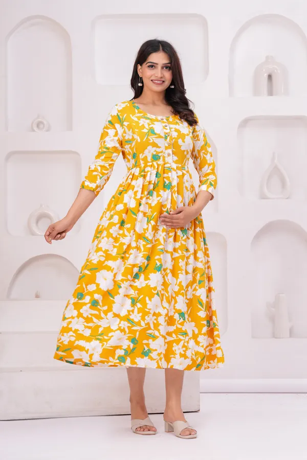 Yellow_Flower_Booty_Maternity_Kurta_|_Pure_Cotton_Rayon_Feeding/Maternity_Kurta_For_Her
