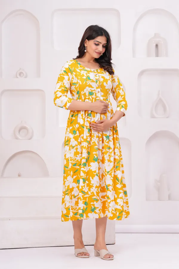 Yellow_Flower_Booty_Maternity_Kurta_|_Pure_Cotton_Rayon_Feeding/Maternity_Kurta_For_Her