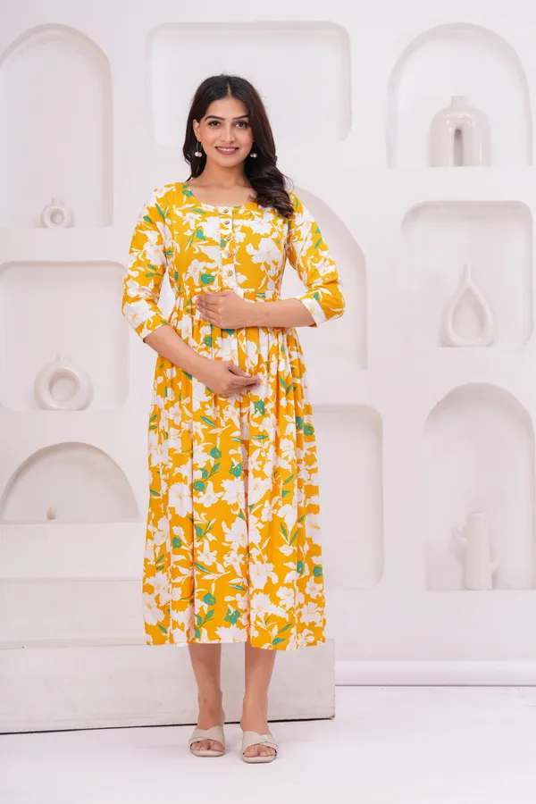 Yellow_Flower_Booty_Maternity_Kurta_|_Pure_Cotton_Rayon_Feeding/Maternity_Kurta_For_Her