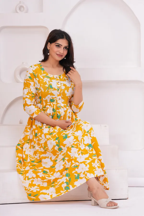 Yellow_Flower_Booty_Maternity_Kurta_|_Pure_Cotton_Rayon_Feeding/Maternity_Kurta_For_Her