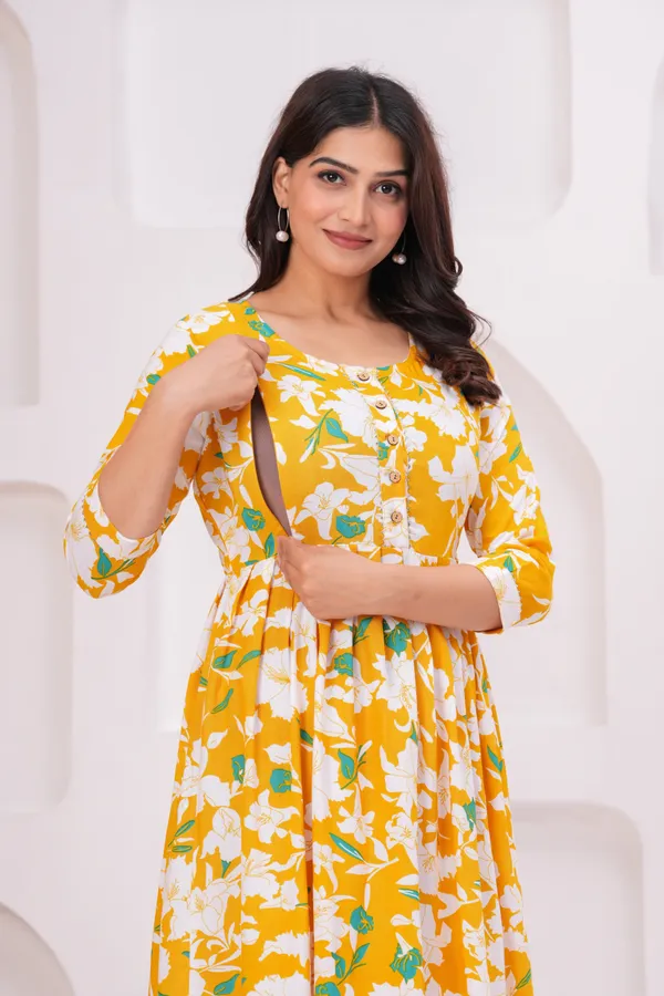 Yellow_Flower_Booty_Maternity_Kurta_|_Pure_Cotton_Rayon_Feeding/Maternity_Kurta_For_Her