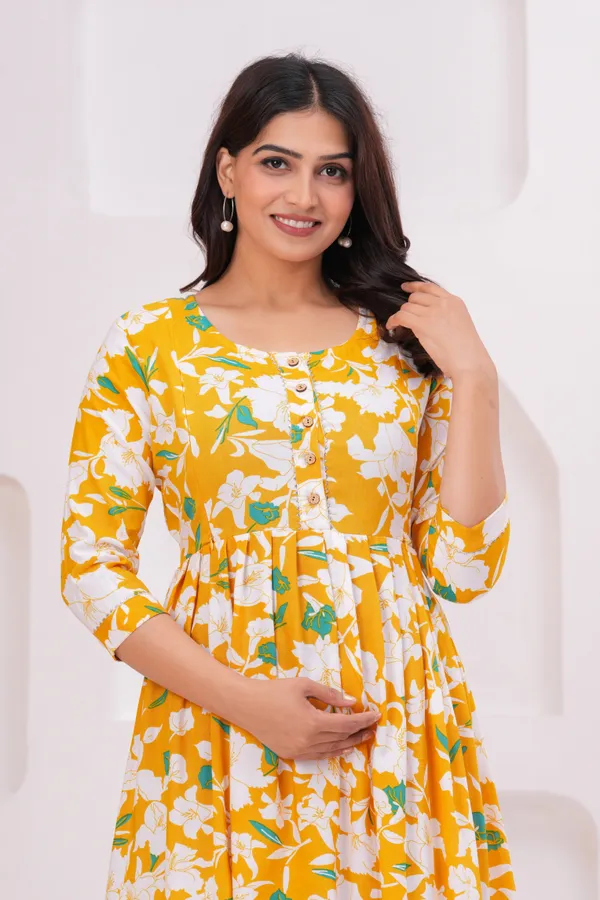 Yellow_Flower_Booty_Maternity_Kurta_|_Pure_Cotton_Rayon_Feeding/Maternity_Kurta_For_Her