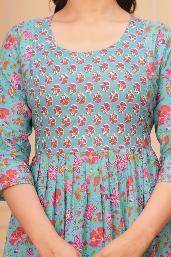 turquoise_Floral_Maternity_Kurta_|_Pure_Cotton_Feeding/Maternity_Kurta_For_Her