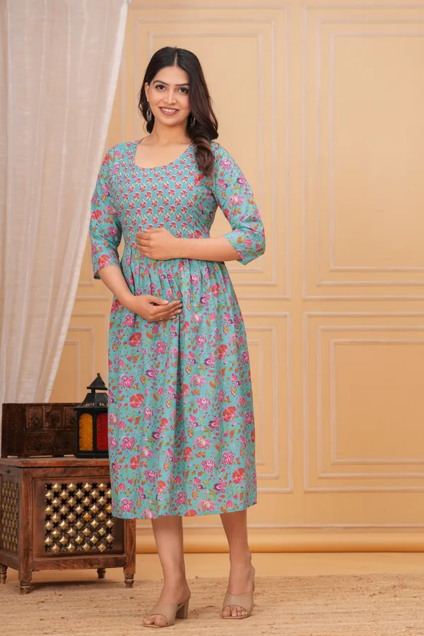 turquoise_Floral_Maternity_Kurta_|_Pure_Cotton_Feeding/Maternity_Kurta_For_Her