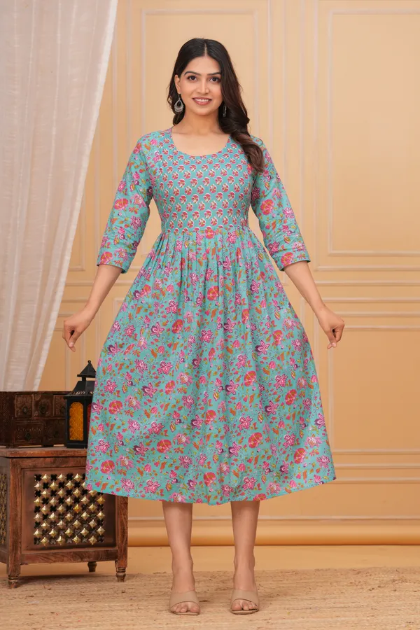 turquoise_Floral_Maternity_Kurta_|_Pure_Cotton_Feeding/Maternity_Kurta_For_Her