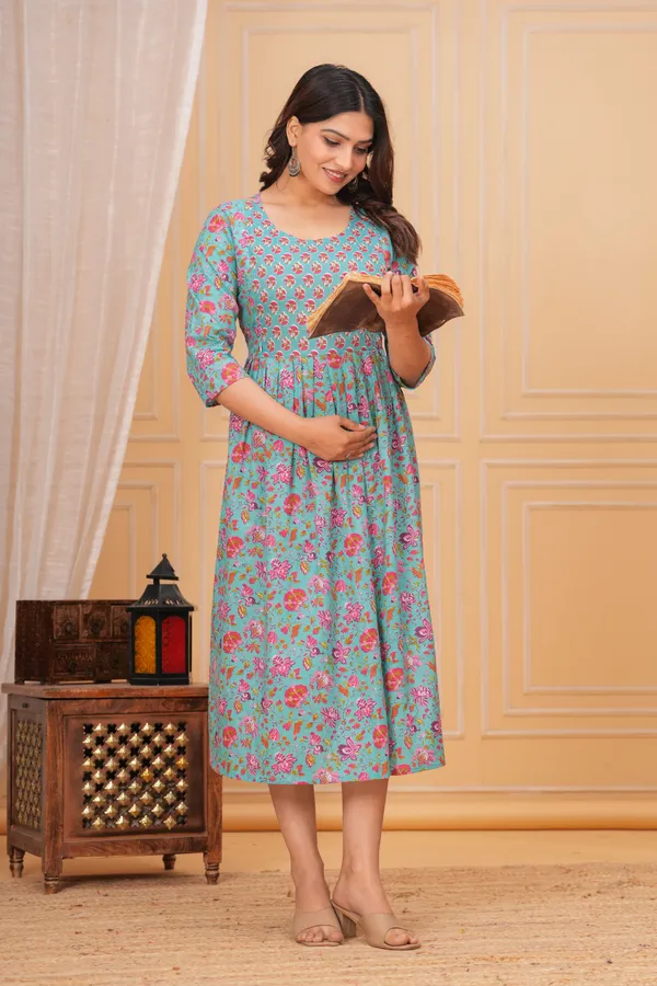 turquoise_Floral_Maternity_Kurta_|_Pure_Cotton_Feeding/Maternity_Kurta_For_Her