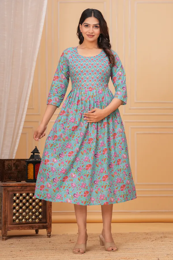turquoise_Floral_Maternity_Kurta_|_Pure_Cotton_Feeding/Maternity_Kurta_For_Her