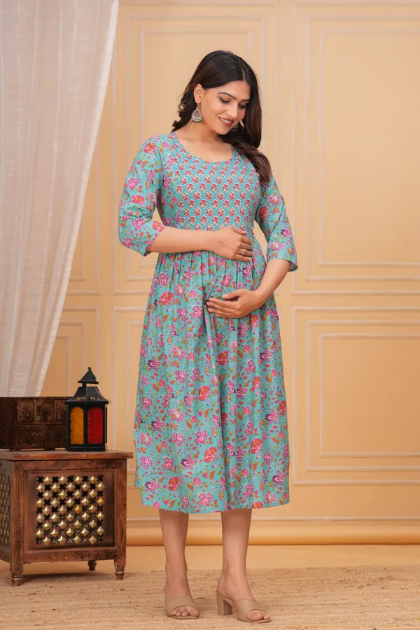 turquoise_Floral_Maternity_Kurta_|_Pure_Cotton_Feeding/Maternity_Kurta_For_Her