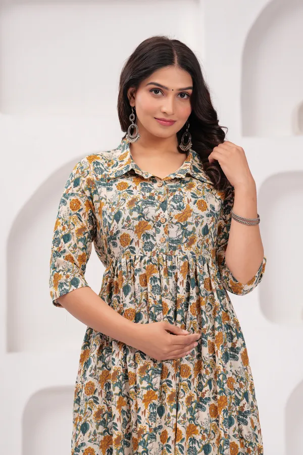 Yellow_Multicolor_Flower_Maternity_Kurta_|_Pure_Cotton_Rayon_Feeding/Maternity_Kurta_For_Her