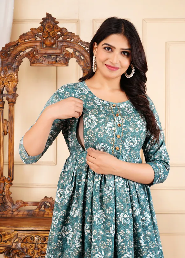 Aqua_Green_Flower_Printed_Maternity_Kurta_|_Pure_Cotton_Rayon_Feeding/Maternity_Kurta_For_Her_By_Vaani_Fashions