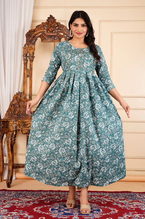 Aqua_Green_Flower_Printed_Maternity_Kurta_|_Pure_Cotton_Rayon_Feeding/Maternity_Kurta_For_Her_By_Vaani_Fashions