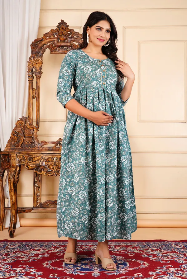 Aqua_Green_Flower_Printed_Maternity_Kurta_|_Pure_Cotton_Rayon_Feeding/Maternity_Kurta_For_Her_By_Vaani_Fashions
