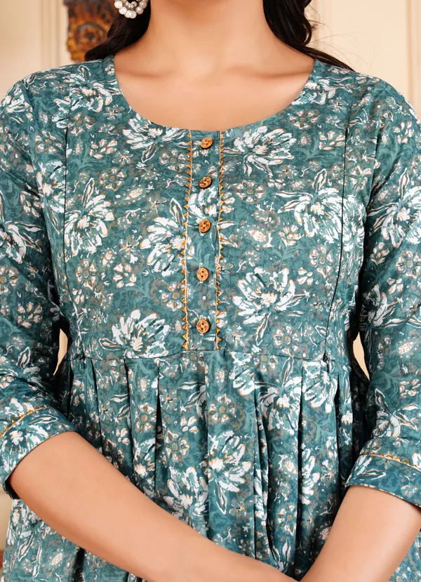 Aqua_Green_Flower_Printed_Maternity_Kurta_|_Pure_Cotton_Rayon_Feeding/Maternity_Kurta_For_Her_By_Vaani_Fashions