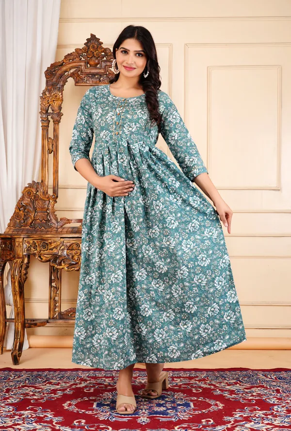 Aqua_Green_Flower_Printed_Maternity_Kurta_|_Pure_Cotton_Rayon_Feeding/Maternity_Kurta_For_Her_By_Vaani_Fashions
