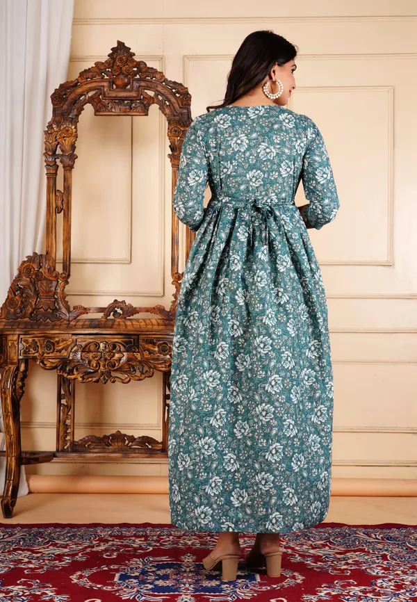 Aqua_Green_Flower_Printed_Maternity_Kurta_|_Pure_Cotton_Rayon_Feeding/Maternity_Kurta_For_Her_By_Vaani_Fashions